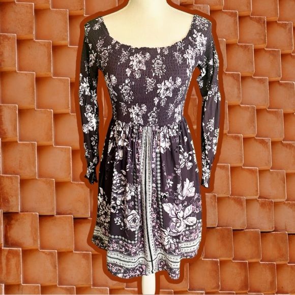 Altar’d State Purple Floral Smocked Square Neck Long Sleeve Mini Dress Size S - Picture 1 of 11